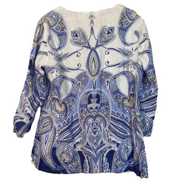 JM Collection Bohemian Womens L Large Linen Pullover Tunic Top Blue Paisley Stud - Picture 5 of 10